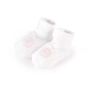 white and pink padded jersey baby booties